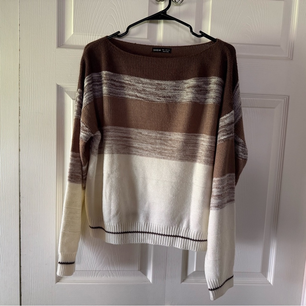 SHEIN Brown and Cream Striped Crewneck Sweater